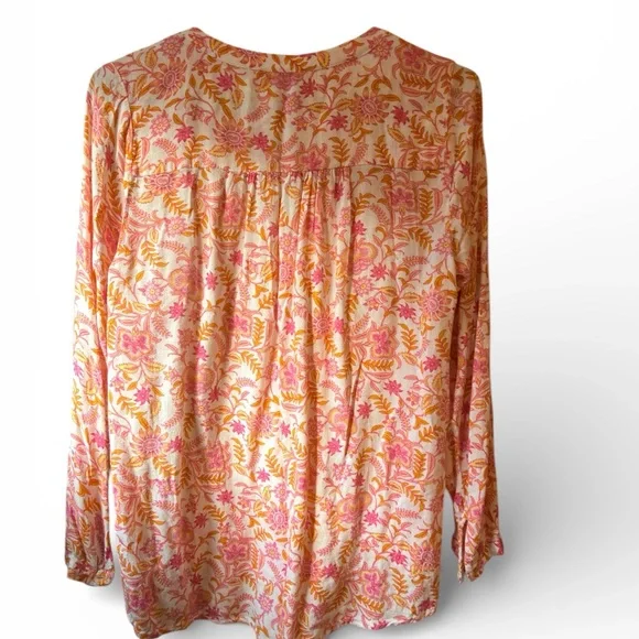 Lucky Brand Floral V Neck Blouse Pink Orange Women’s Medium - Picture 4 of 9